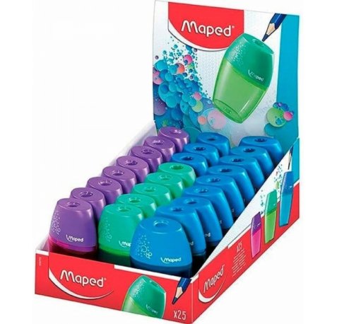Maped Shaker Sacapuntas con Deposito de Gran Capacidad - 1 Agujero - Forma Ergonomica - Colores Surtidos - Caja Expositora de 25 uds.