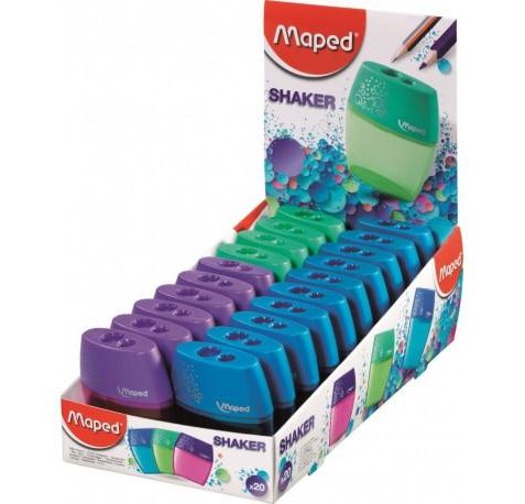 Maped Shaker Sacapuntas con Deposito de Gran Capacidad - 2 Agujeros - Forma Ergonomica - Colores Surtidos - Caja Expositora de 20 uds.