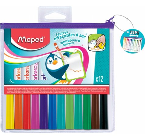 Maped Marker'Peps Pack de 12 Rotuladores para Pizarra Blanca - Punta de Bala 1.5mm - Borrado en Seco - Practica Bolsa con Cremallera - Colores Surtidos