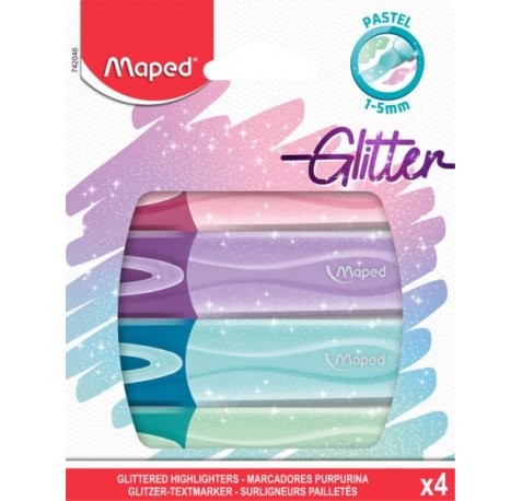 Maped Glitter Pastel Pack de 4 Marcadores Fluorescentes Pastel con Purpurina - Punta Biselada - Trazo de 1 a 5mm - Ideal para Subrayar y Resaltar - Colores Pastel con Purpurina Surtidos