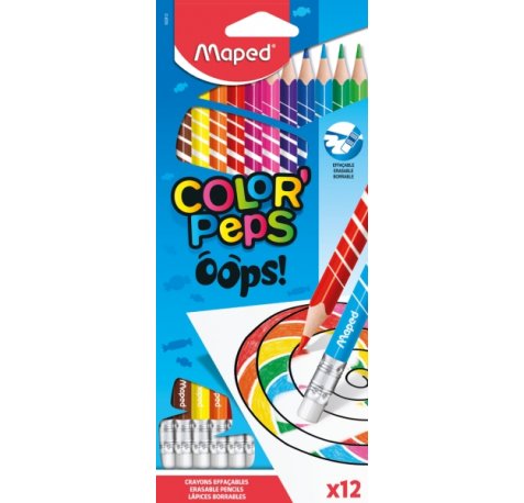 Maped Color´Peps Oops Pack de 12 Lapices de Colores Borrables - Mina 2.9mm - Con Goma de Borrar - Sin Madera - Colores Surtidos
