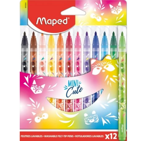 Maped Jungle Mini Cute Pack de 12 Rotuladores con Punta Media Bloqueada 2.8mm - Tinta Lavable - Colores Surtidos