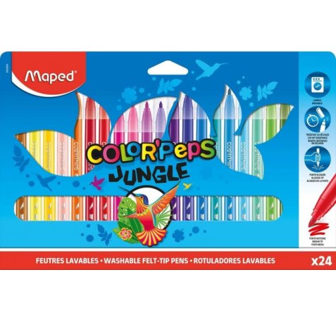 Maped Color´Peps Jungle Pack de 24 Rotuladores con Punta Media Bloqueada 2mm - Ojival, Suave y Flexible - Tinta Lavable - Colores Surtidos