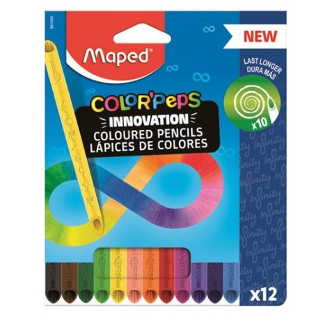 Maped Color`Peps Infinity Pack de 12 Lapices de Colores de Larga Duracion - Hecho Totalmente de Mina - Colores Surtidos