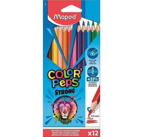 Maped Color´Peps Strong Lapices Triangulares de Colores - Sin Madera - Mina 3,2 mm - Punta Ultra Resistente - Colores Surtidos - Estuche de 12 ud