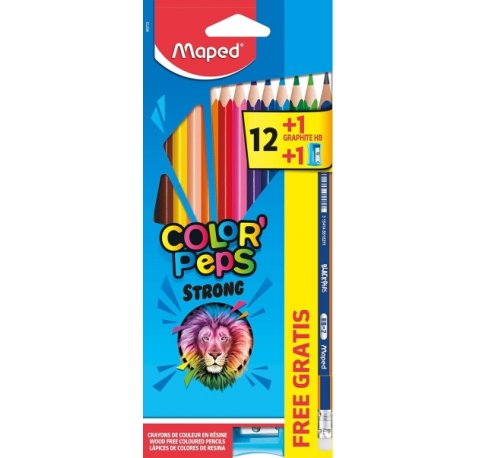 Maped ColorÂ´Peps Strong Pack de 12 Lapices Triangulares de Colores + 1 Lapiz de Grafito con Goma + Sacapuntas - Sin Madera - Mina 3,2mm - Punta Ultra Resistente - Colores Surtidos