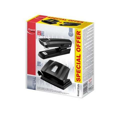 Maped Essentials Metal Pack de Grapadora Metalica E3543 + Taladro Metalico E4024 - Grapa hasta 25 Hojas a la Vez - Admite Grapas 24/6 y 26/6 - Perfora hasta 25 Hojas - Color Negro