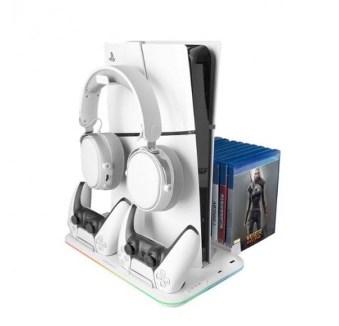 Mars Gaming MPS5-B2 Soporte Multifuncion para PS5 - Carga Dual - Refrigeracion Silenciosa - Iluminacion RGB - Soporte Auriculares - Organizador 15 Juegos - Color Blanco