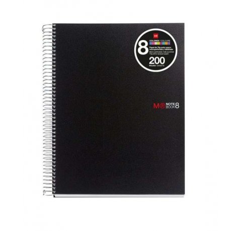Miquel Rius Notebook8 Cuaderno de Espiral Formato A5 - 200 Hojas de 70 gr Microperforadas con 4 Taladros - Cubiertas de Polipropileno - Cuadricula 5x5 - Color Negro