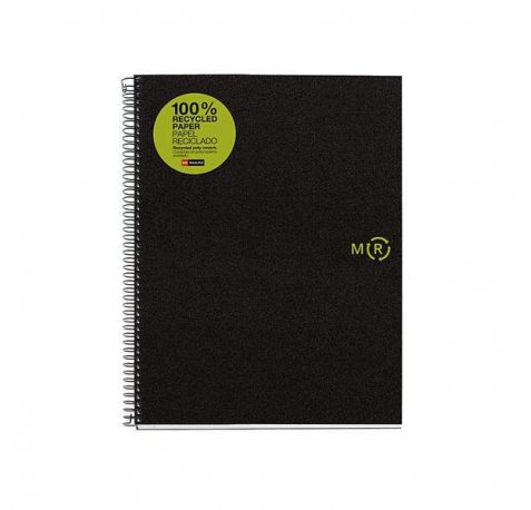 Miquel Rius Notebook4 Eco Cuaderno de Espiral Formato A4 - Papel 100% Recuperado Post-Consumo - 120 Hojas de 80gr Microperforadas con 4 Taladros - Cubiertas de Polipropileno Reciclado - Cuadricula 5x5 - Color Negro (5 uds)