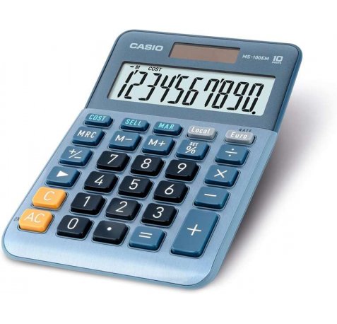 Casio MS-100EM Calculadora de Sobremesa Pequeña - Pantalla LCD de 10 Digitos - Alimentacion Solar y Pilas - Color Azul