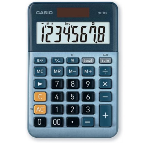 Casio MS80E Calculadora de Escritorio - Tecla Doble Cero - Pantalla LCD de 8 Digitos - Solar y Pilas - Color Azul