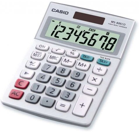 Casio MS88ECO Calculadora de Escritorio Financiera - Conversion de Moneda - Calculo de Impuestos - Pantalla LCD de 8 Digitos - Solar y Pilas