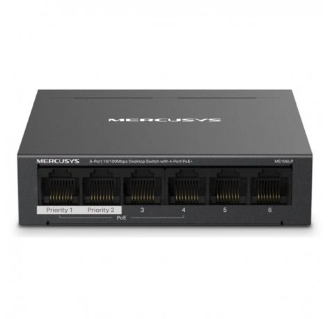 Mercusys Switch 6 Puertos RJ45 10/100Mbps - 4 Puertos PoE - Largo Alcance hasta 250m en Modo Extendido - Carcasa de Metal