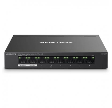 Mercusys Switch 8 Puertos Gigabit RJ45 10/100/1000Mbps - 7 Puertos PoE - Diseño Compacto - Plug & Play - Carcasa de Metal