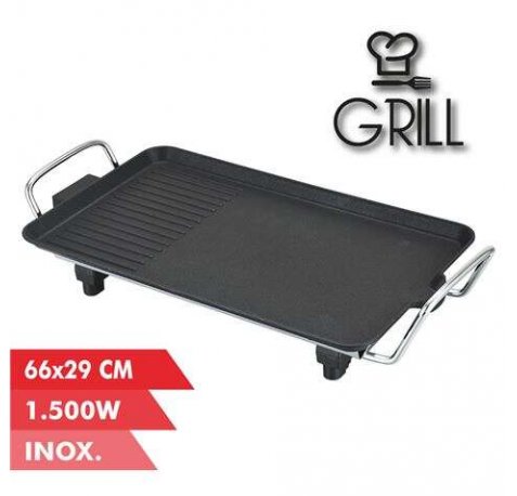 Muvip Plancha de Asar Electrica 1500W - 2 Zonas Lisa y Grill - Placa Antiadherente - Asas Tacto Frio - Termostato Extraible - Superficie 66x29cm