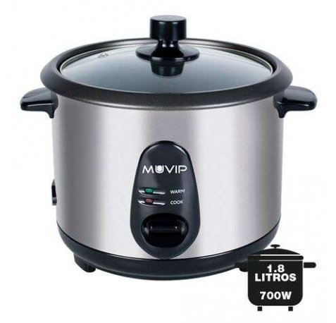 Muvip Arrocera - Capacidad 1.8 Litros - Potencia 700W - Cuerpo de Acero Inoxidable - Recipiente Antiadherente - Tapa de Cristal - Accesorios Incluidos - Color Gris