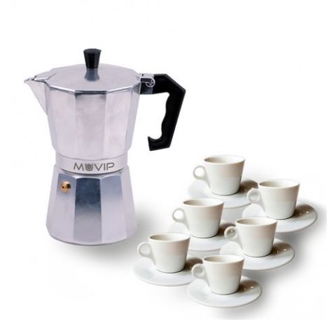 Muvip MV0601 Cafetera de Aluminio - Capacidad 6 Tazas - Mango Ergonomico - Antiadherente - Apta para Placas Electricas, Vitroceramicas y Gas - Color Aluminio