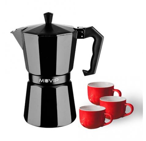 Muvip MV0606 Cafetera de Aluminio - Capacidad 3 Tazas - Mango Ergonomico - Antiadherente - Apta para Placas Electricas, Vitroceramicas y Gas - Color Negro Mate