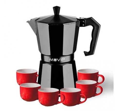 Muvip MV0607 Cafetera de Aluminio - Capacidad 6 Tazas - Mango Ergonomico - Antiadherente - Apta para Placas Electricas, Vitroceramicas y Gas - Color Negro Mate