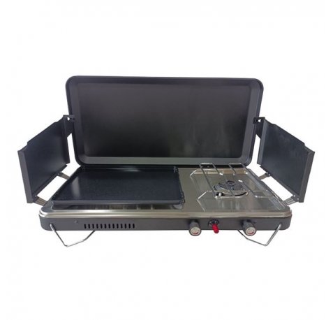 Muvip MV0666 Cocina de Gas Premium - Plancha + Doble Quemador - Protectores contra el Viento - Color Negro