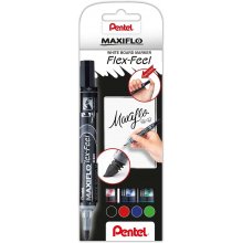Pentel Maxiflo Flex-Feel Pack de 4 Rotuladores para Pizarra Blanca - Punta Flexible 4.6mm - Dosificacion de Tinta mediante Embolo - Colores Negro, Azul, Rojo y Verde