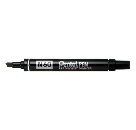 Pentel Pen N60 Rotulador Permanente - Punta Biselada Resistente y Duradera - Resistente a Agua y Luz - Color Negro (12 uds)