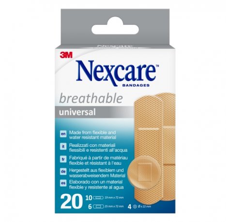 Nexcare Universal Breathable Pack de 20 Apositos Surtidos - Transpirable - Resistente al Agua - Color Piel