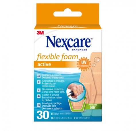 Nexcare Active Flexible Foam Pack de 30 Apositos Surtidos - Transpirable - Resistente al Agua - Color Piel