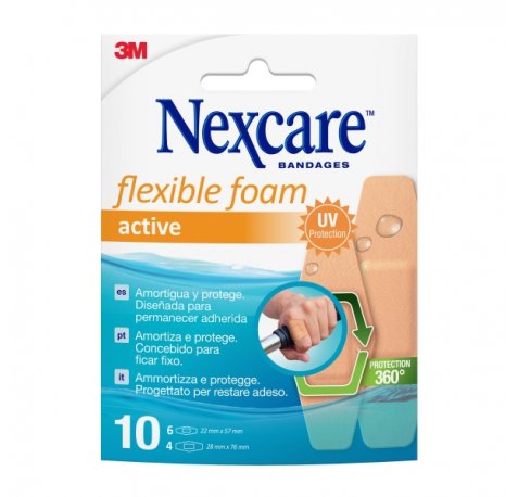 Nexcare Active Flexible Foam Pack de 10 Apositos Surtidos - Transpirable - Resistente al Agua - Color Piel