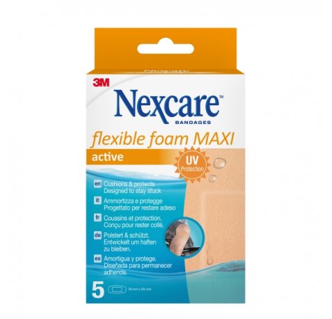 Nexcare Flexible Foam Maxi Active Pack de 5 Apositos para Heridas - 50x101mm - Flexibles - Transpirable - Resistente al Agua - Color Piel