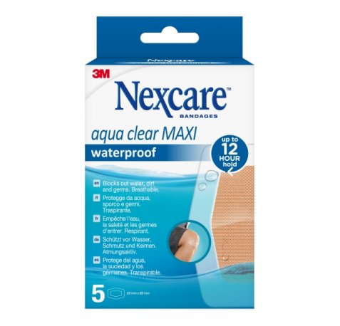 Nexcare Aqua Clear Maxi Waterproof Pack de 5 Apositos para Heridas - 60x88mm - Impermeables - Resistente al Agua - Color Transparente