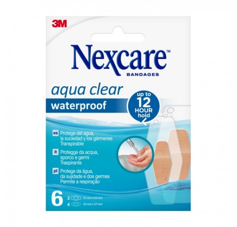 Nexcare Aqua Clear Waterproof Pack de 6 Apositos Surtidos - Impermeable - Resistente al Agua - Color Transparente