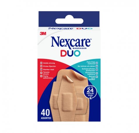 Nexcare Duo Pack de 40 Apositos Surtidos - Retirada Sin Dolor - Transpirables - Resistente al Agua - Color Piel