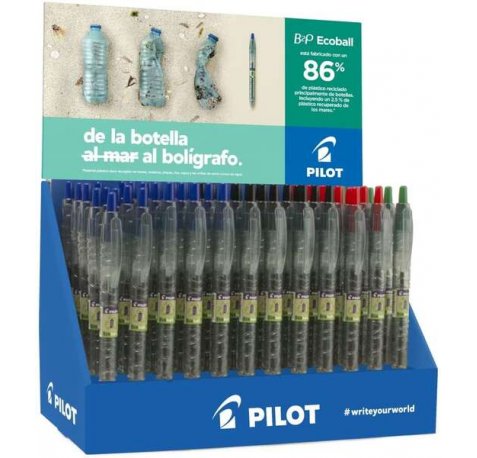 Pilot Expositor 60 Boligrafos de Bola Retractiles B2P Ecoball BeGreen + 10 B2P Gel BeGreen - 86,64% de Plastico Reciclado - Recargable - Colores surtidos