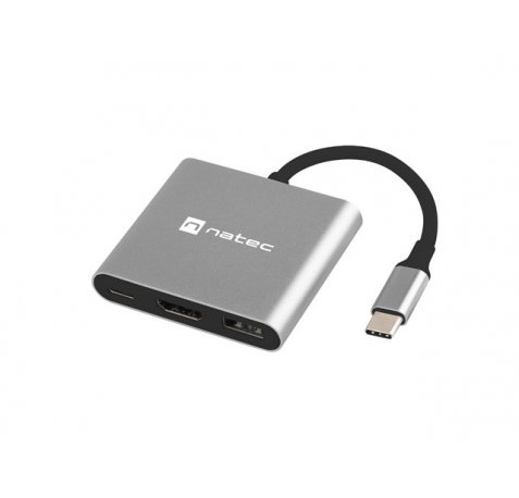 Natec Fowler Mini Adaptador Multipuerto 3en1 - USB-C a USB 3.0, HDMI 4K - USB-C Power Delivery - Color Gris
