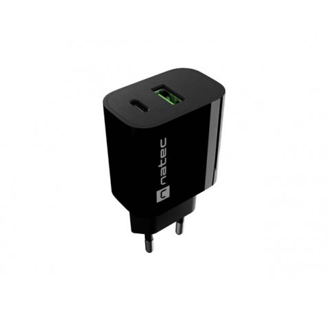Natec Ribera Cargador de Pared 20W - 1xUSB-A + 1xUSB-C - Carga Rapida - 2 Dispositivos Simultaneos - Color Negro