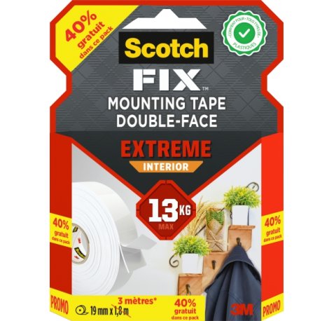 Scotch-Fix Cinta de Montaje para Interior Extremo de Doble Cara - Promocion 40% Gratis - 19Â mm x 3m - Color Blanco