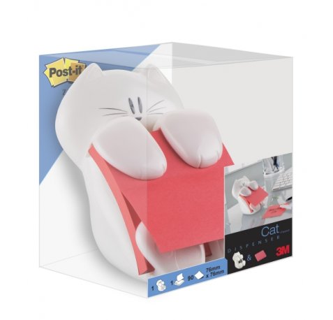 Post-It Super Sticky Dispensador con Bloc de 90 Z-Notas Adhesivas - Dispensador Gato - Forma Cuadrada - 76x76mm - Color Blanco
