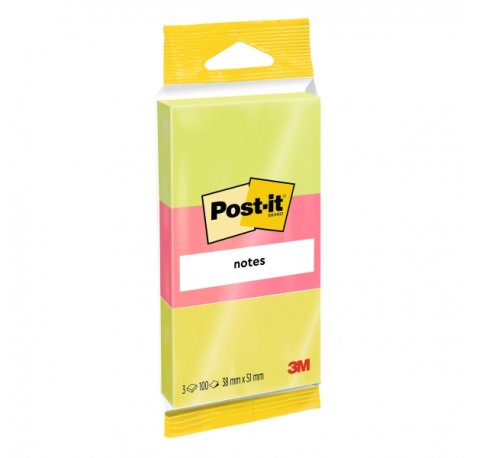 Post-It Pack de 3 Blocs de 100 Notas Adhesivas Reposicionables - Forma Rectangular - 38x51mm - Colores Surtidos