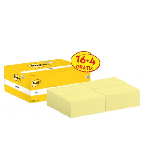 Post-It Pack de 20 Blocs de 100 Notas Adhesivas Reposicionables - Forma Rectangular - 76x127mm - Color Amarillo Claro