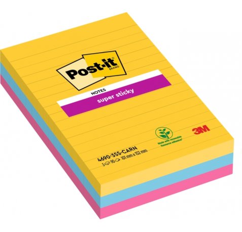 Post-It Super Sticky Pack de 3 Blocs de 90 Notas Adhesivas Reposicionables - Forma Rectangular - 101x152mm - Colores Surtidos