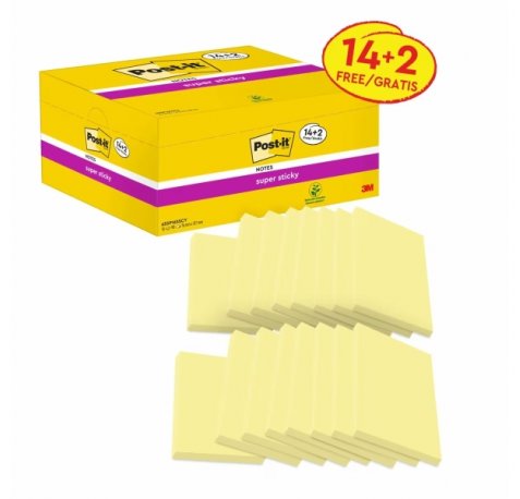 Post-It Super Sticky Pack de 16 Blocs de 90 Notas Adhesivas Reposicionables - Forma Rectangular - 76x127mm - Color Amarillo Claro