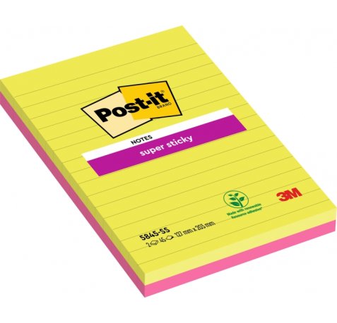 Post-It Super Sticky Pack de 2 Blocs de 45 Notas Adhesivas Reposicionables - Forma Rectangular - 203x127mm - Colores Surtidos