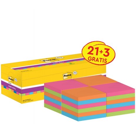 Post-It Super Sticky Pack de 24 Blocs de 90 Notas Adhesivas Reposicionables - 76x76mm - Promocion 21 Blocs + 3 Gratis - Colores Surtidos