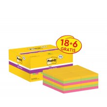 Post-It Super Sticky Pack de 24 Blocs de 90 Notas Adhesivas Reposicionables - 47.6x47.6mm - Promocion 18 Blocs + 6 Gratis - Colores Surtidos
