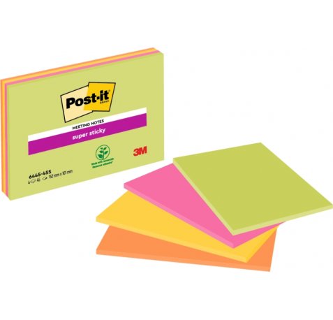 Post-It Super Sticky Pack de 4 Blocs de 45 Notas Adhesivas Reposicionables - Forma Rectangular - 101x152mm - Colores Surtidos