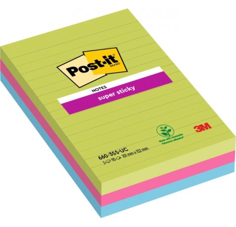 Post-It Super Sticky Pack de 3 Blocs de 90 Notas Grandes Adhesivas Reposicionables - con Lineas - 100% PEFC - Colores Surtidos