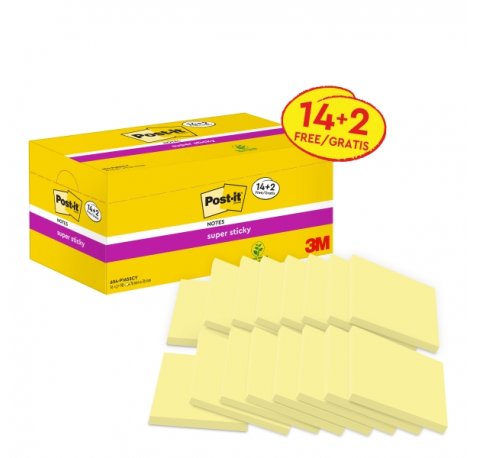 Post-It Super Sticky Pack de 16 Blocs de 90 Notas Adhesivas Reposicionables - Forma Cuadrada - 76x76mm - Color Amarillo Claro