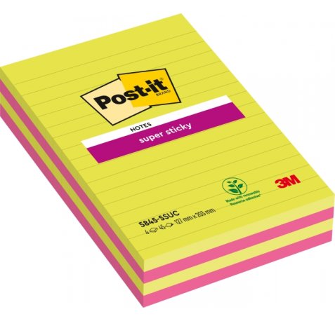 Post-It Super Sticky Pack de 4 Blocs de 45 Notas Grandes Adhesivas Reposicionables - con Lineas - 100% PEFC - Colores Surtidos